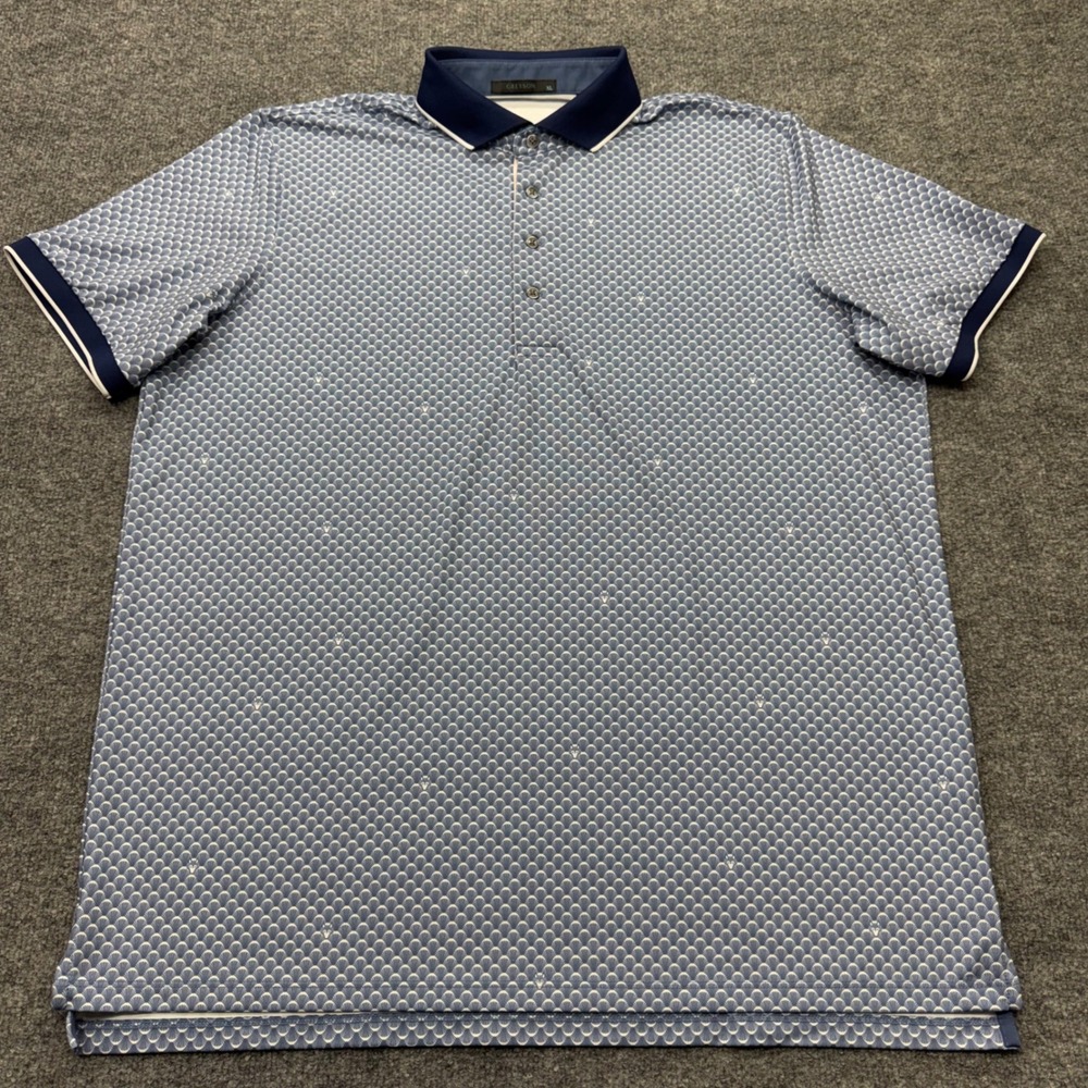 Greyson Men XL Blue Geometric Fan Print Performance Golf Polo Shirt Short Sleeve